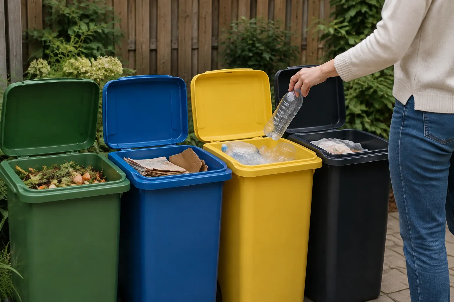 Persoon gooit plastic fles in gele restafval-/recyclebak naast andere kleurige afvalbakken